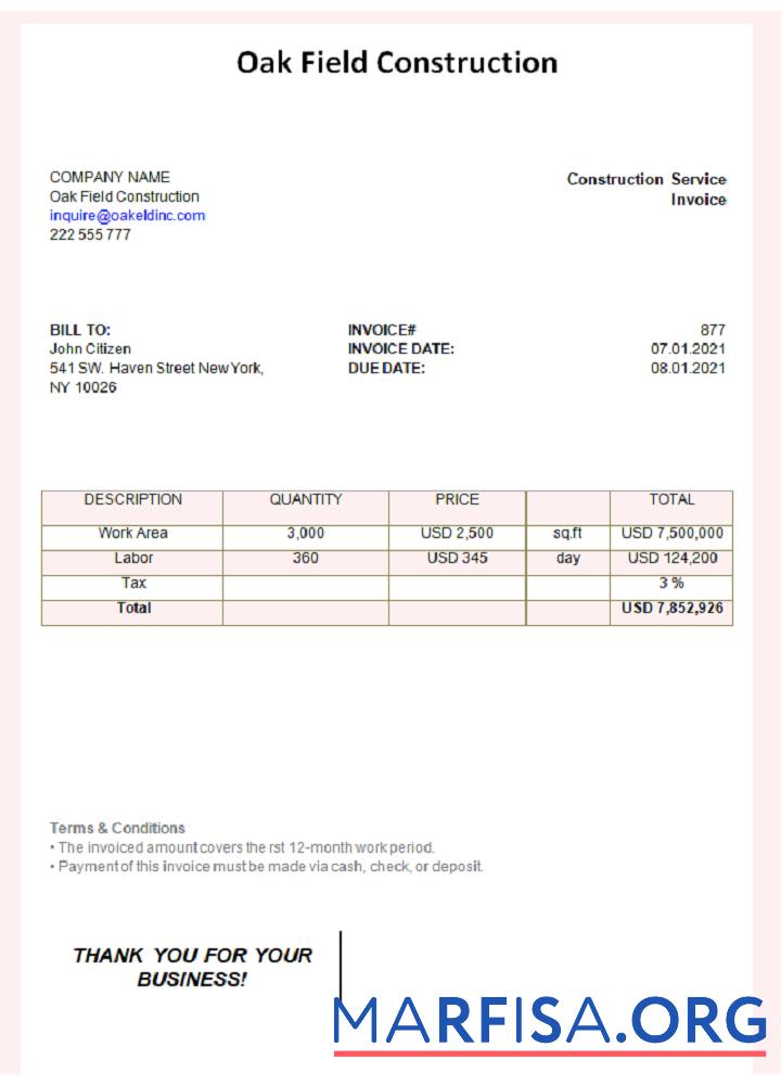 Realistic USA Oak Field Construction invoice download for verification